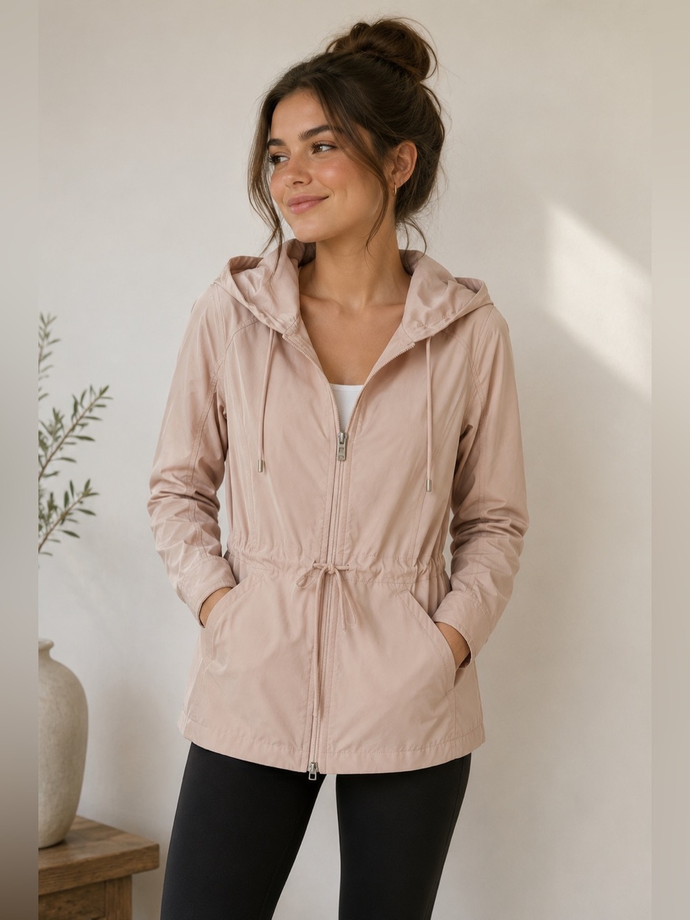 Avec Les Filles Blush Pink Hooded Cinch Waist Windbreaker Jacket Small - Picture 1 of 7